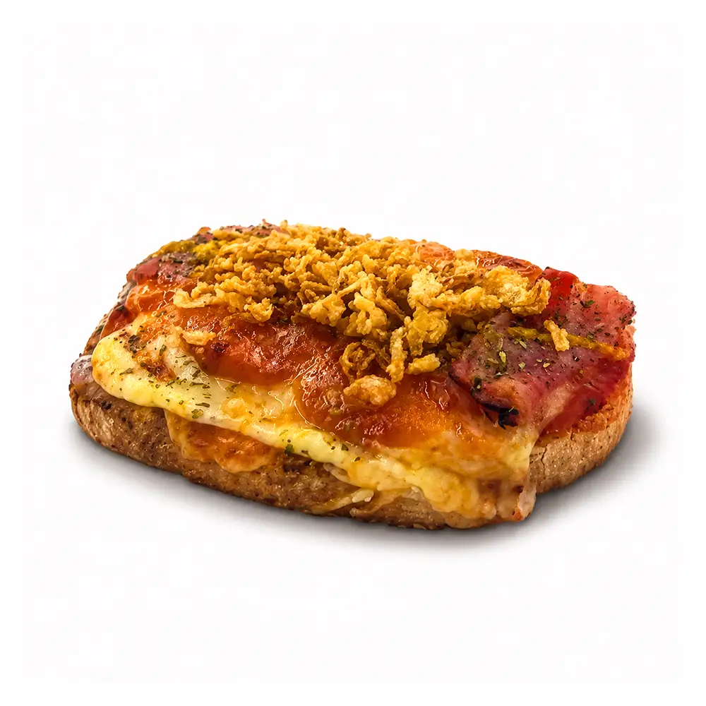 Tosta de bacon con queso fundido, salsa y cebolla crujiente de Valumé Catering
